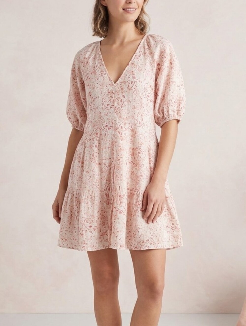 H&M Pink Floral Puff Sleeve V-Neck Mini Dress Cotton Blend XS